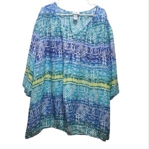 Catherines Santa Fe Peasant Top Tile Blue Plus Size 4X Lightweight Artsy Flowy